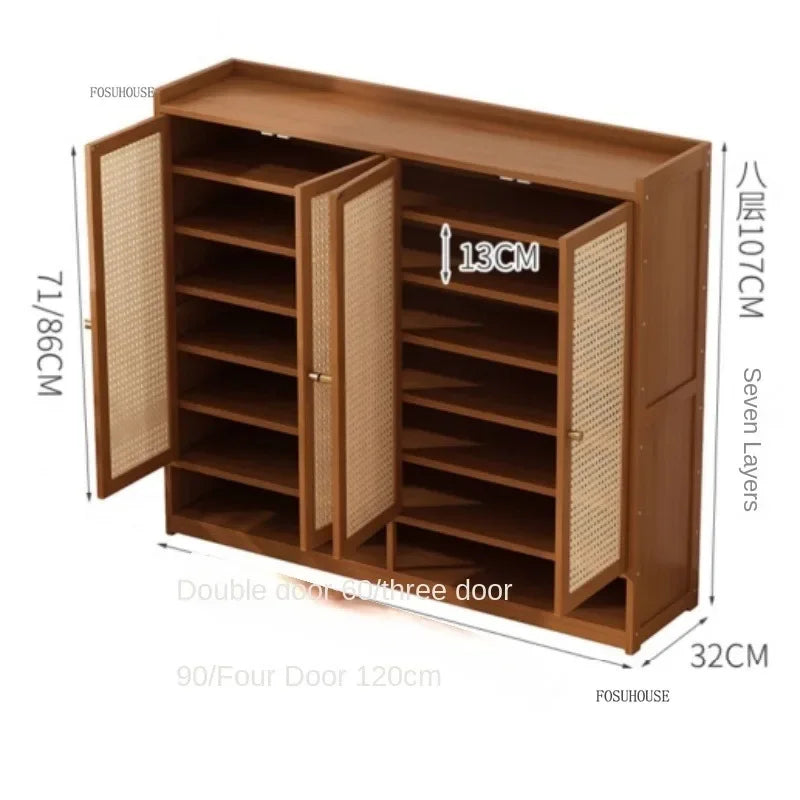 Japanese Bamboo Shoe Rack Indoor Multi-layer Dustproof Shoe Organizers Furniture Imitation Rattan Weave Cabinets for Living Room