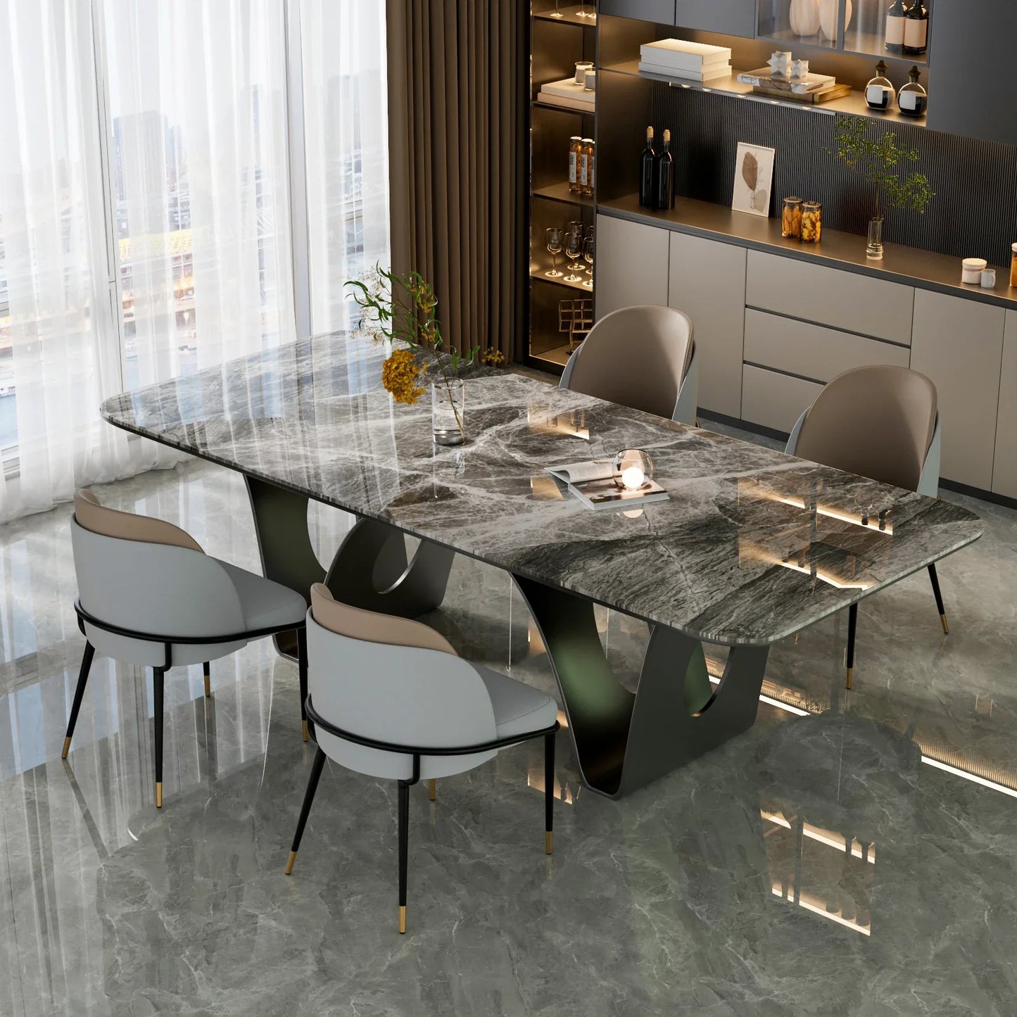 Luxurious Upholstered Dining Room Chairs Set, Microfiber Silicone Leather, 2 Colors, Kitchen Chairs