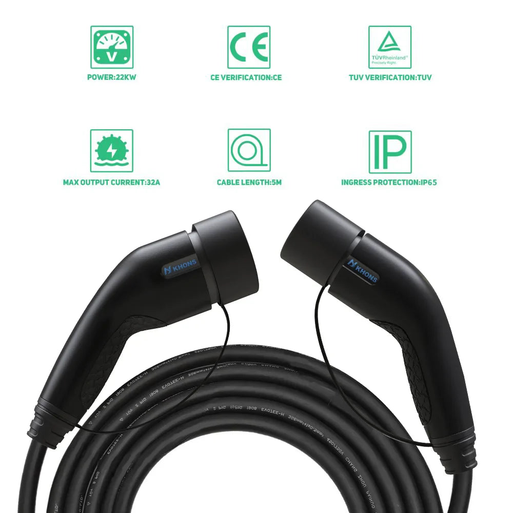 Khons Type2 To Type2 Ev Charging Cable 3Phase 32A Female To Male Plug 5M Cable 22kw IEC62196-2 EVES Charging Stations