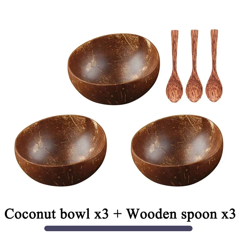 Natural Coconut Bowl Dinner Set for Women, Handmade Wooden Tableware, Wood Spoon, Dessert Fruit Salad, Mixing Rice Ramen Bowl, 1