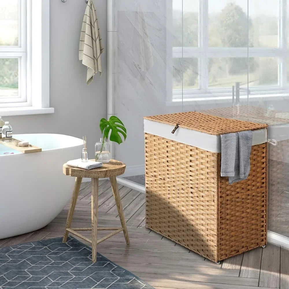 Greenstell Laundry Hamper with lid, No Install Needed, 110L Wicker Laundry Baskets Foldable 2 Removable Liner Bags, 2 Section