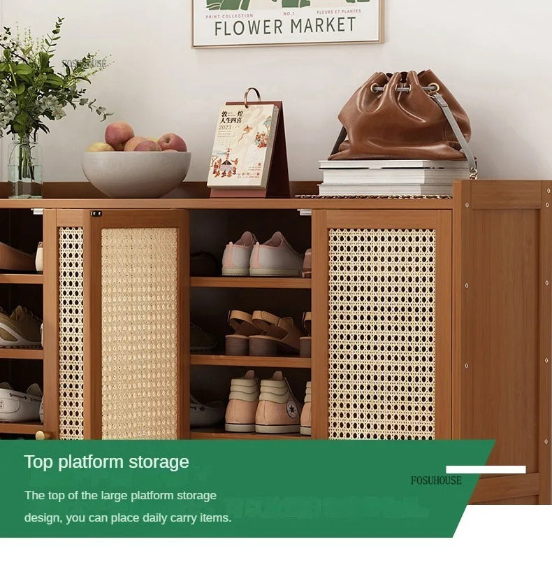 Japanese Bamboo Shoe Rack Indoor Multi-layer Dustproof Shoe Organizers Furniture Imitation Rattan Weave Cabinets for Living Room
