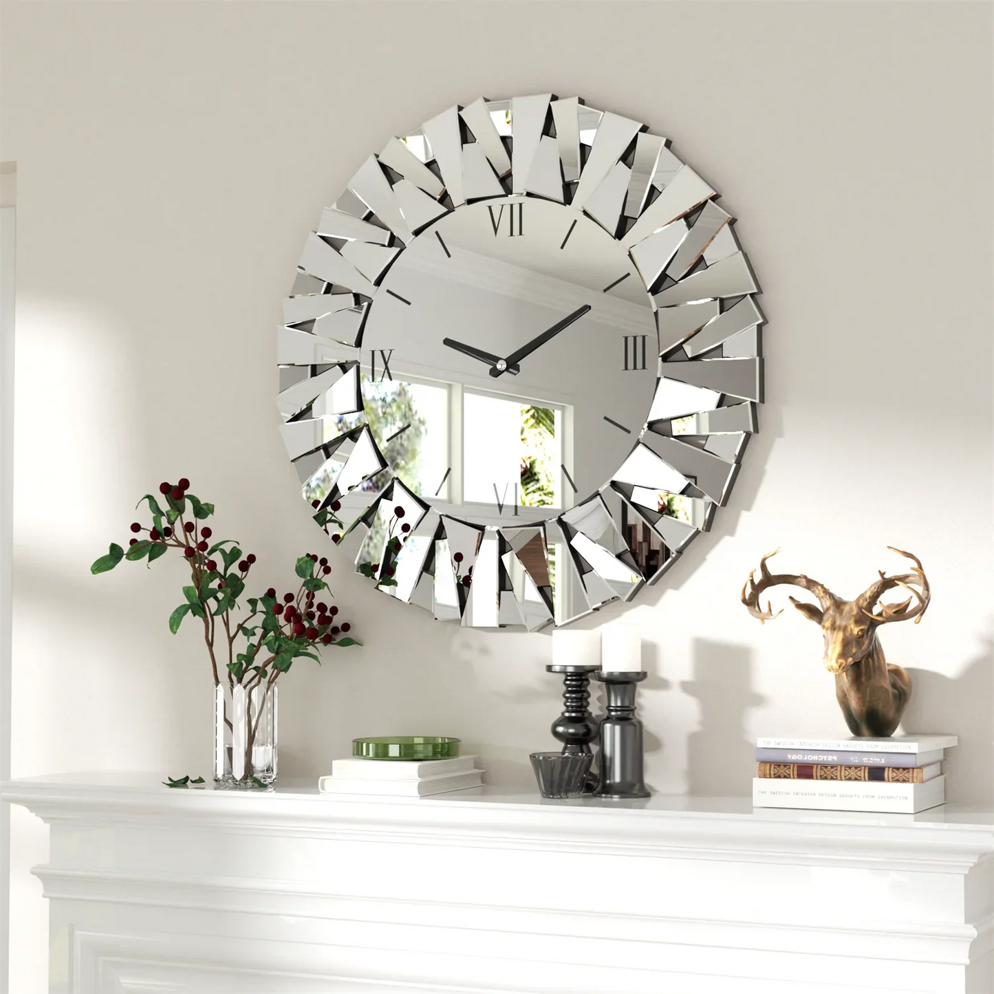 Large Round Mirrored Wall Clock, 3D Beveled Glass Edge, Fireplace Living Room Decor, 80cm