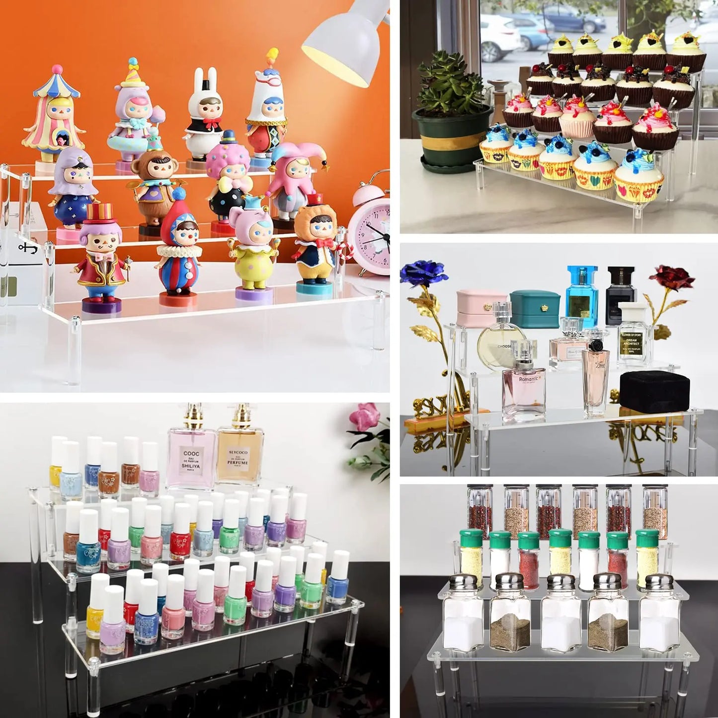 Acrylic Riser Display Stand Perfume Organizer Shelves for Amiibo Funko Figures Toys Cupcake Desserts Collection Cosmetic Jewelry