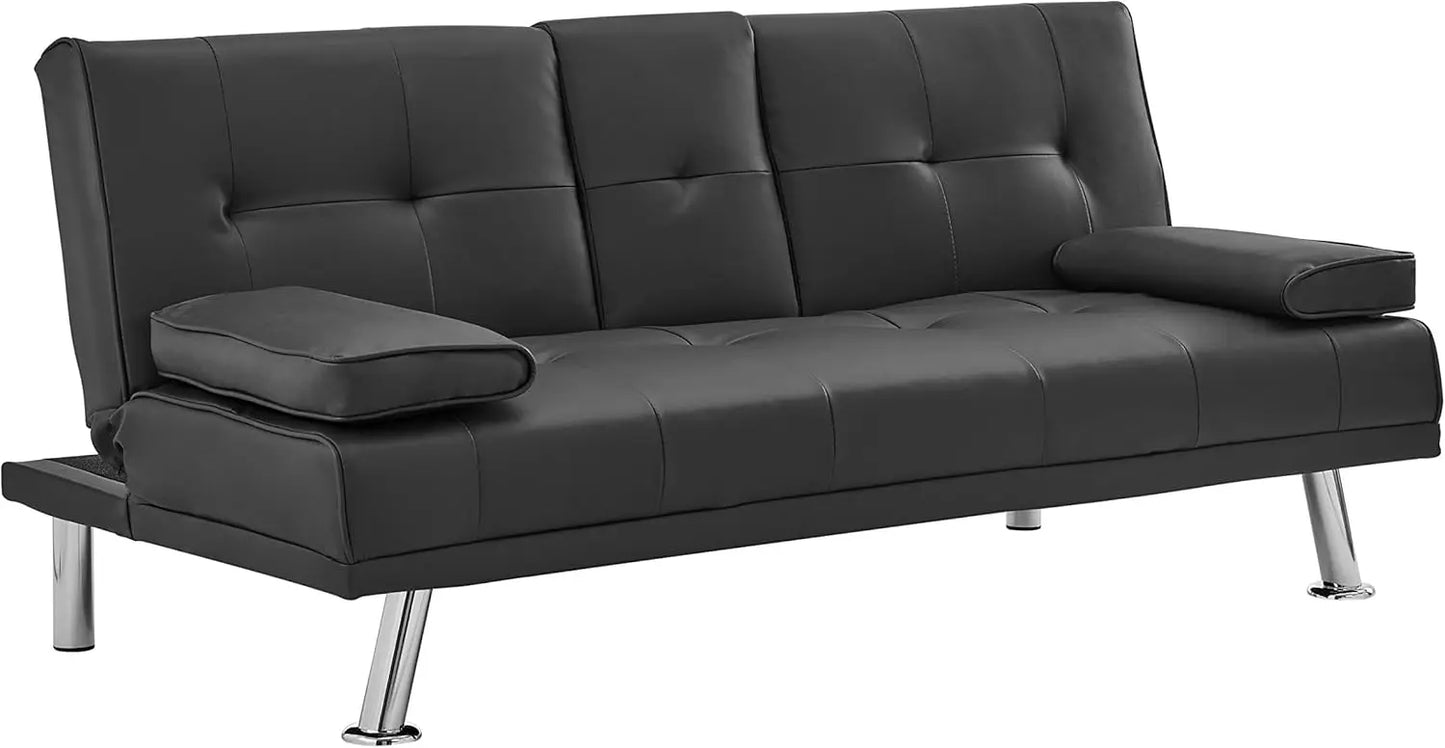 Manhattan 2 Seater Sofa Bed - Black. Faux Leather Fabric Sofa Bed With Cup Holder, Folding Sofa Bed To Double Bed. Click