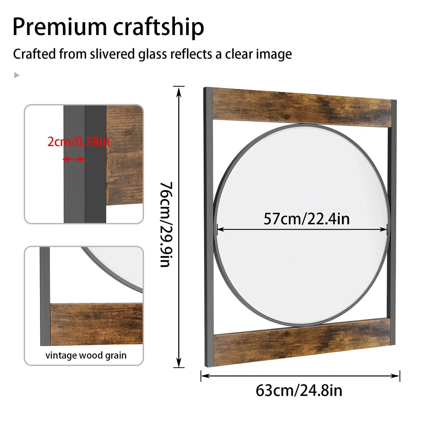 63x76CM Industrial Metal Wood Frame Wall Mounted Mirror Bathroom Living Room Decorative Mirror