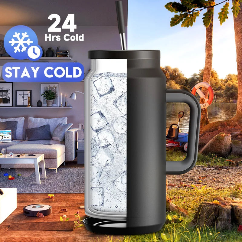 Meoky 50oz Tumbler Handle Straw Insulated Water Bottle Multi-prints Stainless Steel Leak-proof Large Capacity Travel Vacuum Cup