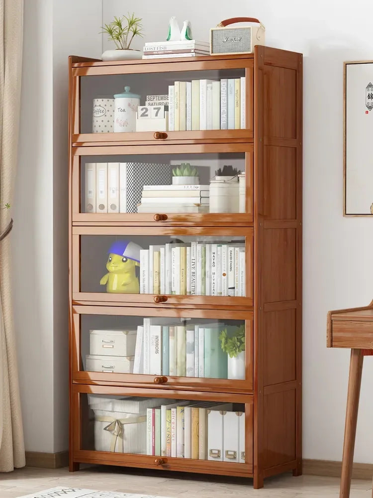 Japanese Home Furniture Bamboo Bookcases Organizer Multi-layer Storage Shelf Simple Retro Bookshelf With Door Modern Office Desk