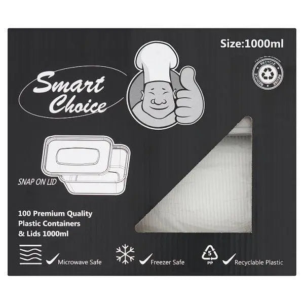 Smart Choice 100 Premium Quality Plastic Containers & Lids 1000ml - Sets of 100