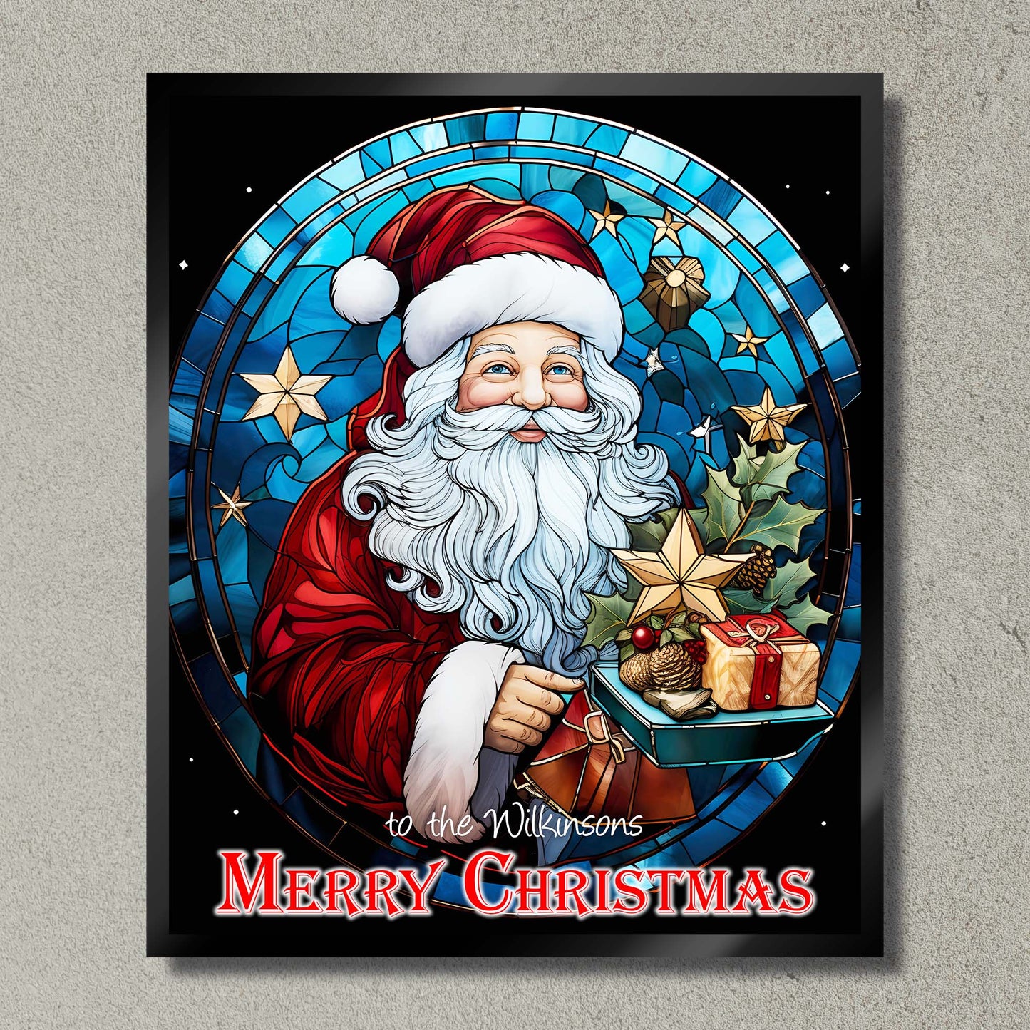 Illuminated Artwork Christmas Illustration "Stained Glass Santa" with Personalisation