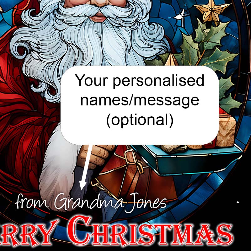 Illuminated Artwork Christmas Illustration "Stained Glass Santa" with Personalisation