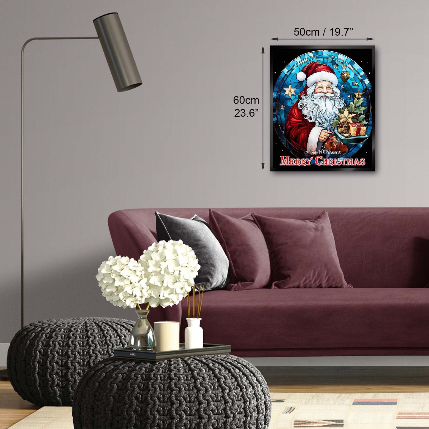 Illuminated Artwork Christmas Illustration "Stained Glass Santa" with Personalisation