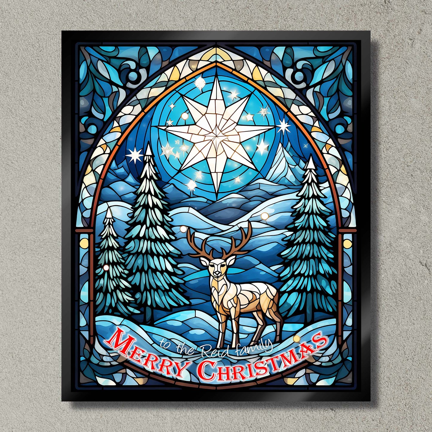 Illuminated Artwork Christmas Illustration "Stained Glass Reindeer" with Personalisation
