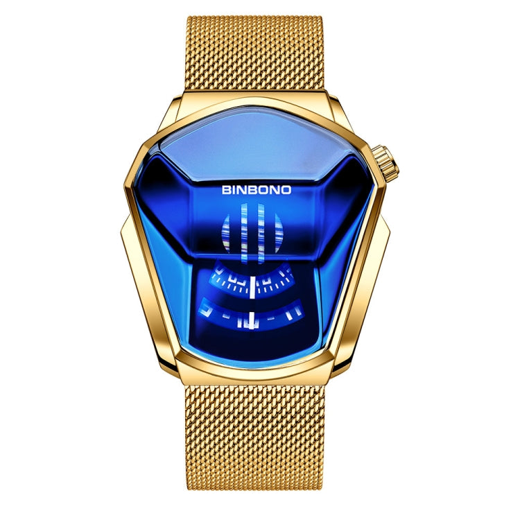 BINBOND Locomotive Concept Watch Men Live Black Technology Watch, Gold Net Belt Full Gold Blue Face, Gold Net Belt Full Gold Gold Face, Black Net Belt Black Steel Blue Face, Black Net Belt Black Steel White Face, White Net Belt White Steel Blue Face
