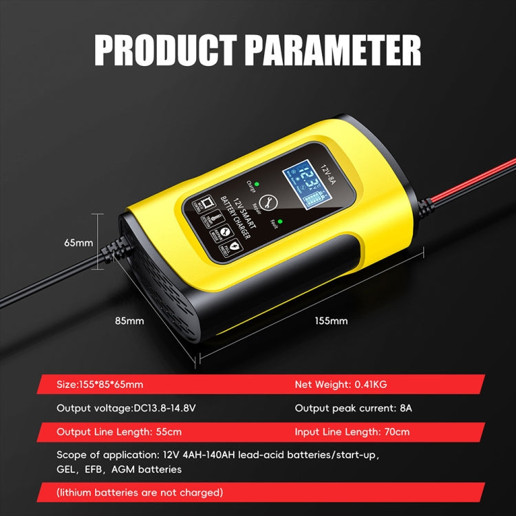 FOXSUR 12V8A SUV Car Motorcycle Intelligent Repair Type Lead-acid Battery Charger(UK Plug)