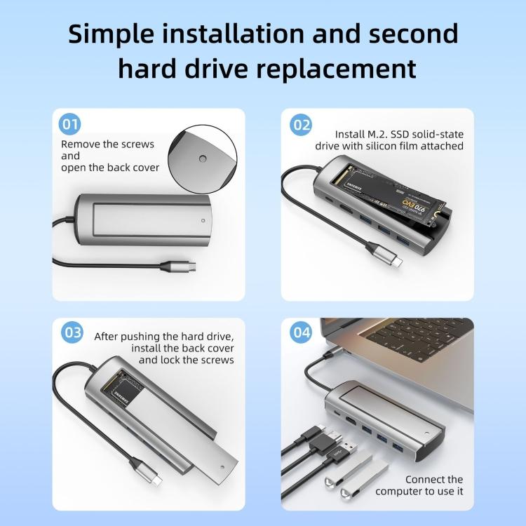 6-In-1 Type-C/USB-C To PD+HDMI (4K 30hz) +USB3.0 X 3+SATA/NVME SSD Docking Station, 6-In-1 SATA/NVME