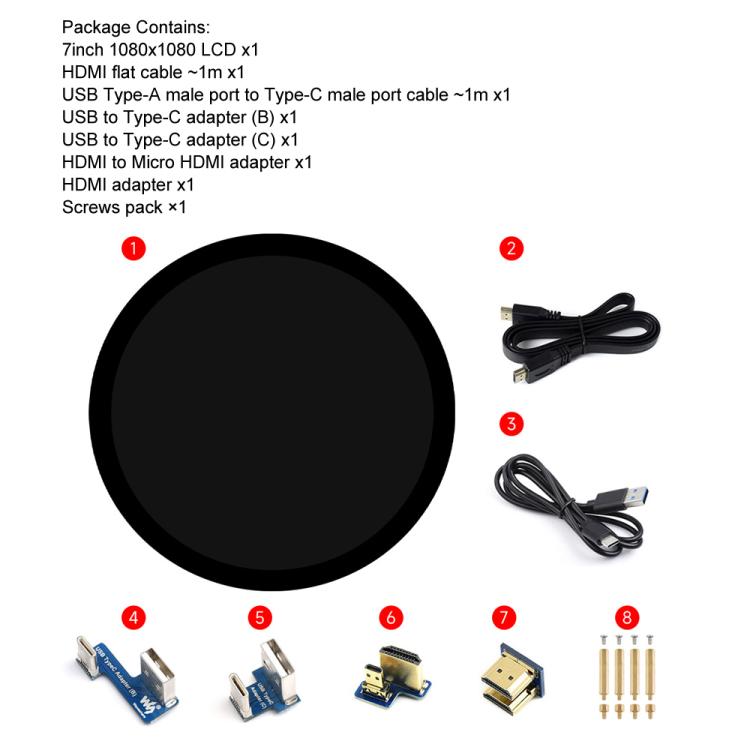 Waveshare 7inch Round HDMI Capacitive Touch Display, 1080x1080 LCD, 10-Point Multi-Touch For Raspberry Pi Arduino DIY, 7inch 1080x1080 LCD