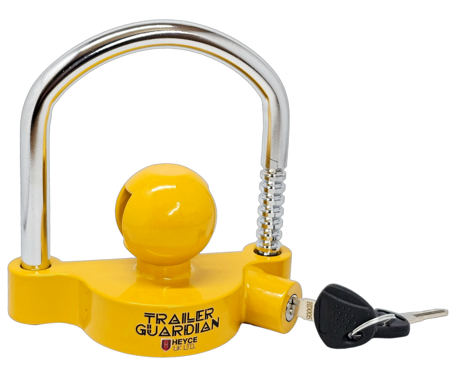 Trailer Guardian Universal Hitch Lock fits 50mm couplings, with an adjustable yellow ball lock.