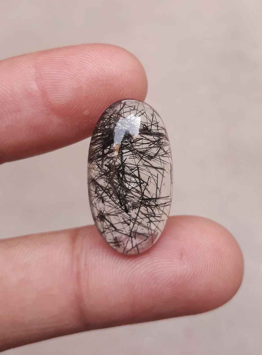15.9ct Black Tourmalated Quartz -Cabochon Black Rutile Quartz - Rutilated Quartz -25x14x6.4mm