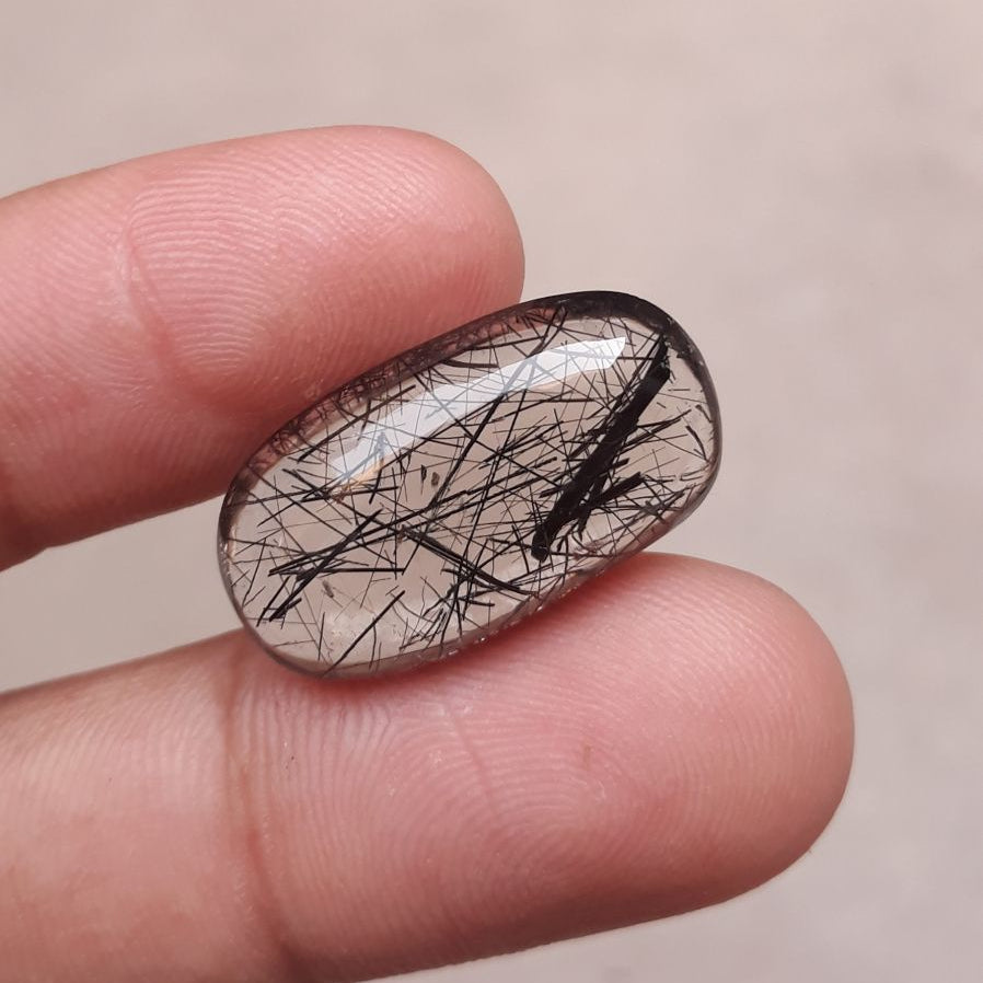 17.2ct Black Tourmalated Quartz -Cabochon Black Rutile Quartz - Rutilated Quartz - 24x13.5x7mm