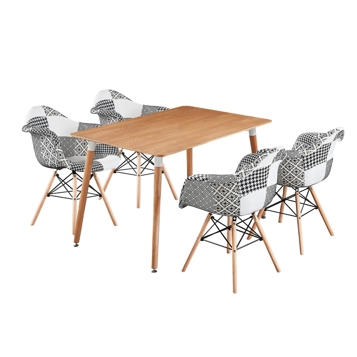 5PCs Dining Set - an Oak Halo Dining Table & Set of 4 Black/White Patchwork Accent Chairs