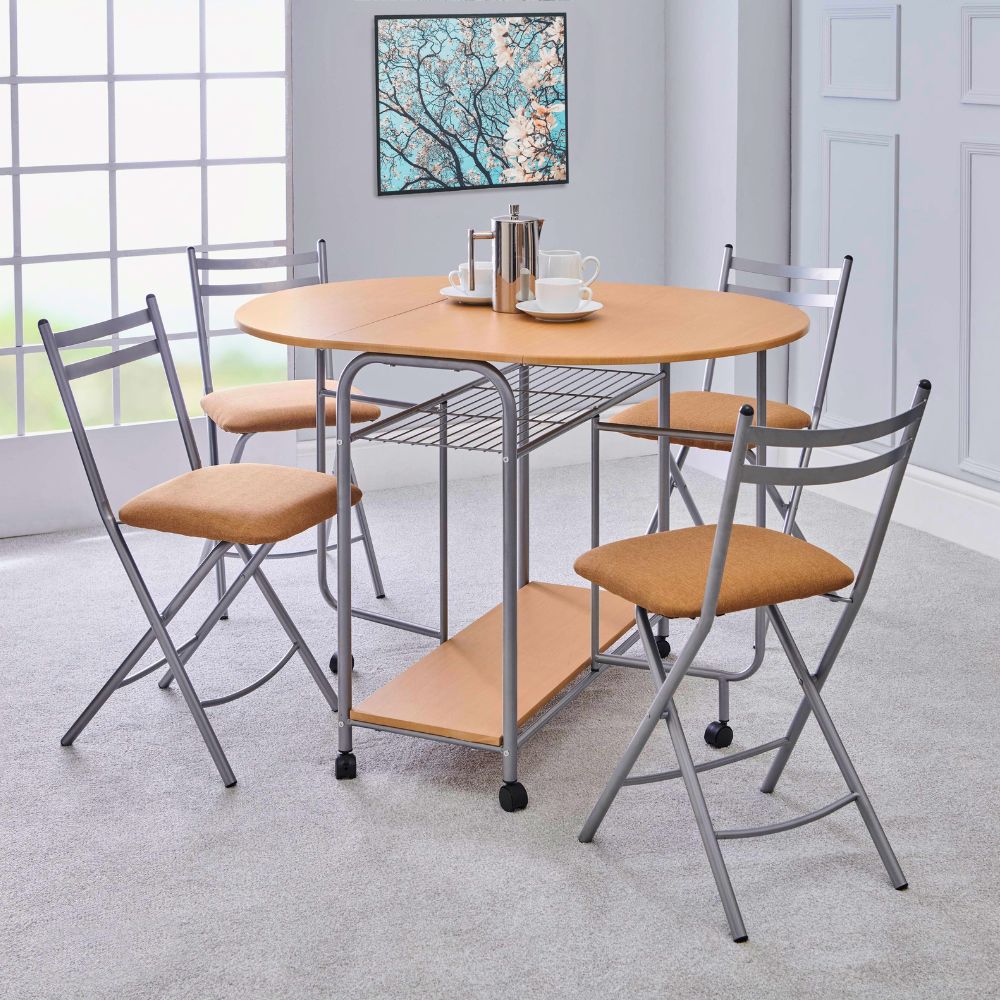 Stowaway Folding 4-Seater Dining Set with Drop-Leaf Table – Space-Saving Design