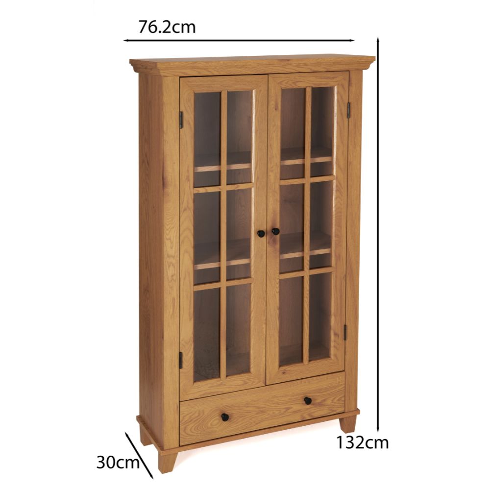 Wood Effect Display Cabinet with Drawer – Adjustable Shelves & Perspex Doors in Oak or Mahogany
