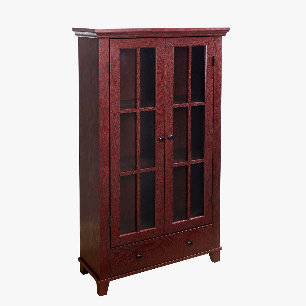Wood Effect Display Cabinet with Drawer – Adjustable Shelves & Perspex Doors in Oak or Mahogany