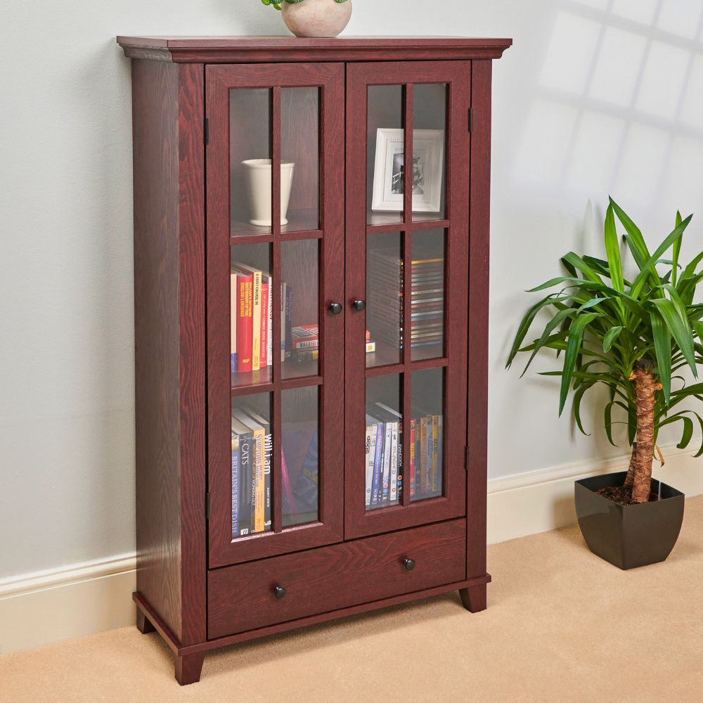 Wood Effect Display Cabinet with Drawer – Adjustable Shelves & Perspex Doors in Oak or Mahogany