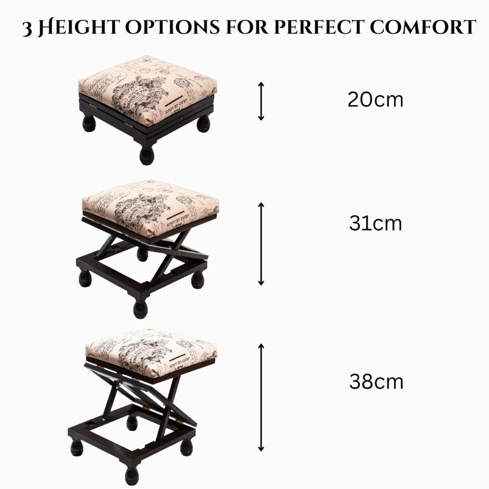 Adjustable 3-Position Wooden Footstool – Padded Fabric Top in White or Mahogany Finish