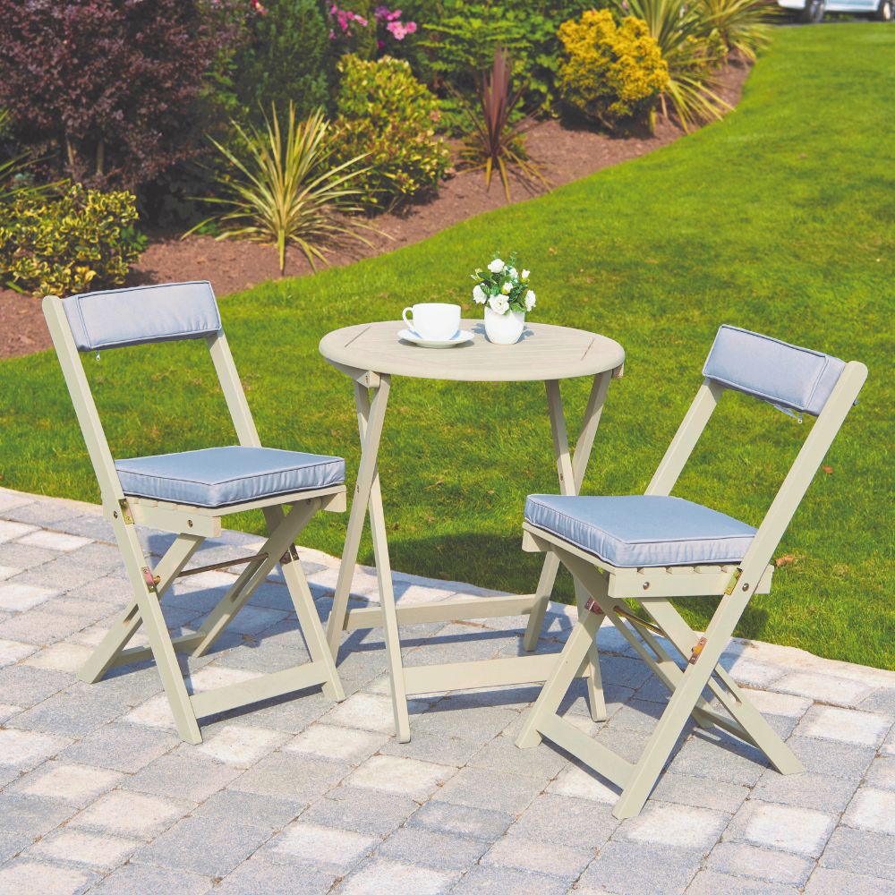 Raffles Foldable Acacia Hardwood Bistro Set with Cushions in Chestnut, White, or Natural Finish