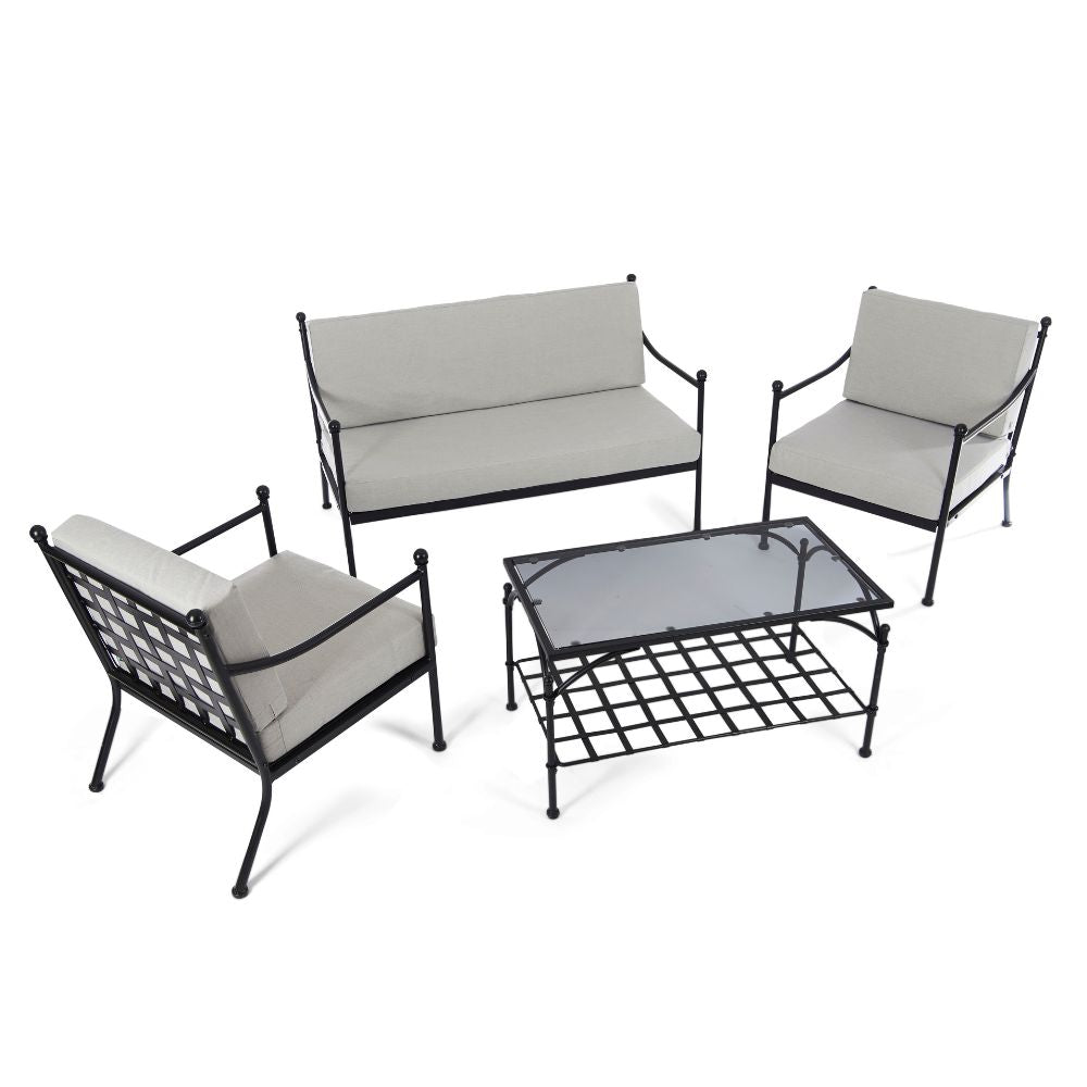 Doverdale Outdoor Steel Sofa Set with Cushions & Glass Coffee Table