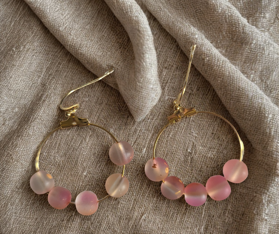 šø Pink Frosted Bead Hoop Earrings ā Handmade Elegance with a Touch of Gold šø