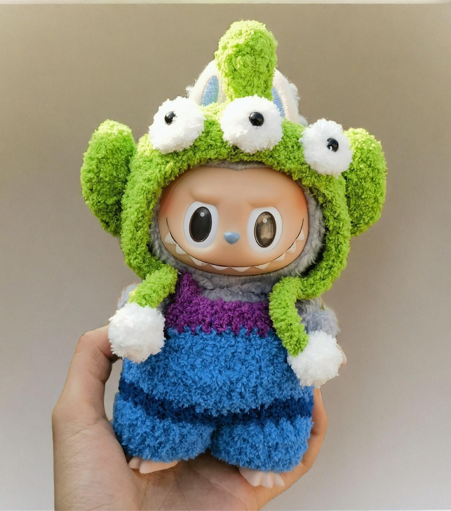 Labubu Cosmic Alien Outfit Set - Blue Overalls with Monster Hood (17cm)