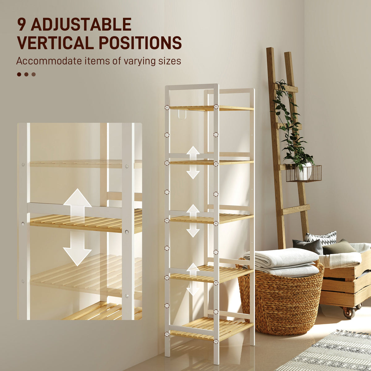 HOMCOM 5-Tier Bamboo Bathroom Storage Shelf with Adjustable Rack