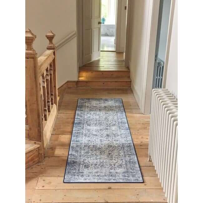 Eco-Washable Blue Rug Bordered Design