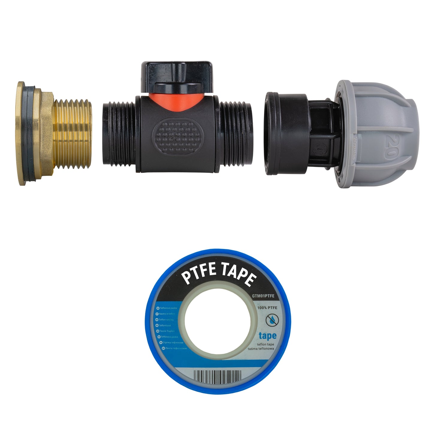 Water Butt Brass Kit 1in with In-Line Valve + 20mm MDPE for Brass Water Fitting