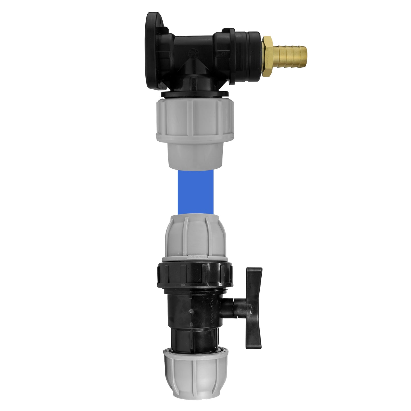 Wall Flange Kit 20mm MDPE + 1/2in Barb Outlet + In Line Valve BSP Thread Fitting