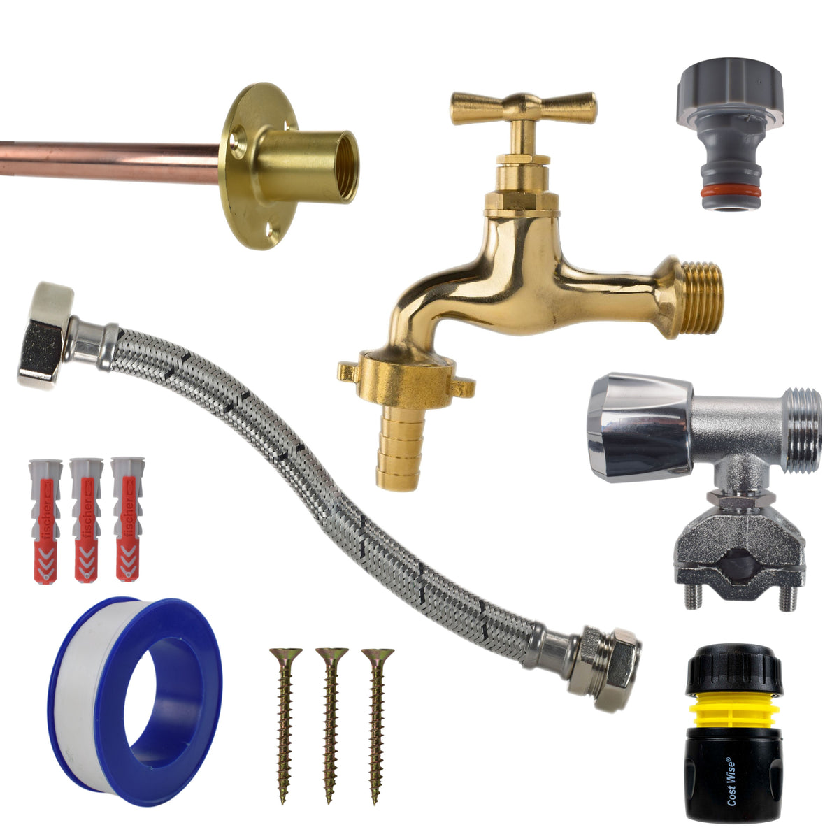 Polished Brass 13mm Barb Tap FULL Connection Kit Garden Hose Pipe Barb Connector