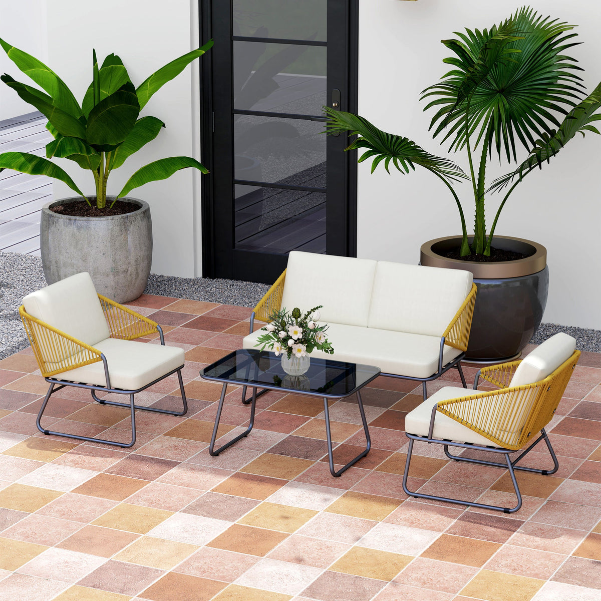 Outsunny 4 Piece Rattan Garden Furniture Set with Cushions, Natural