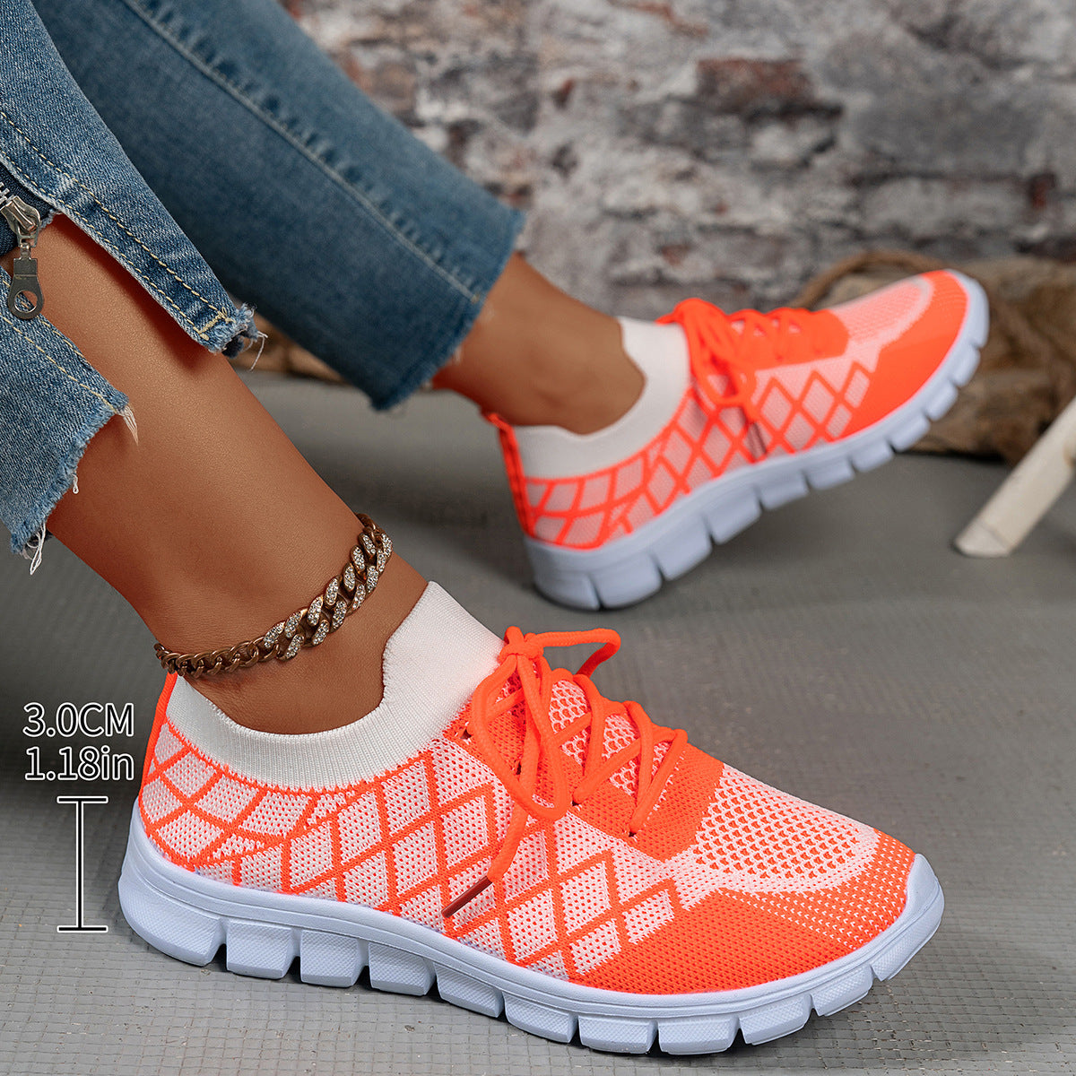 Colorblock Plaid Lace-Up Flyknit Sneakers Ins Mesh Casual Shoes Fashion Breathable Walking Running Sports Shoes For Women