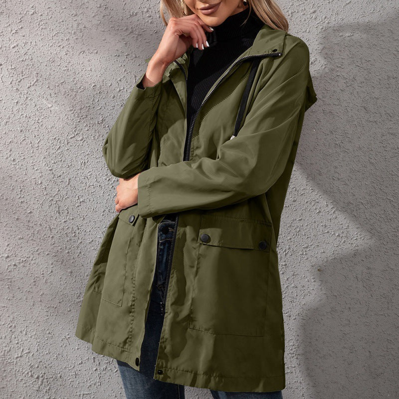 Casual Mid-length Zipper Waterproof Hooded Trench Coat