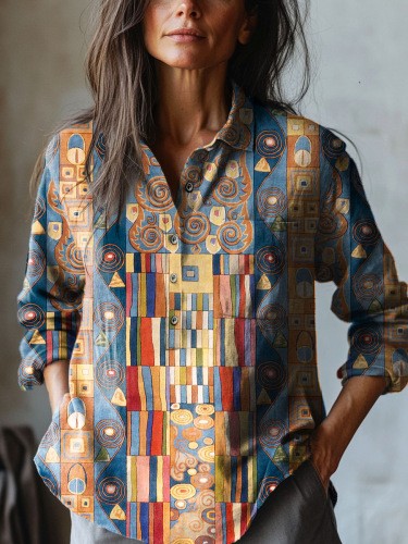 Women's Printed Casual Half Button Lapel Long Sleeve Top