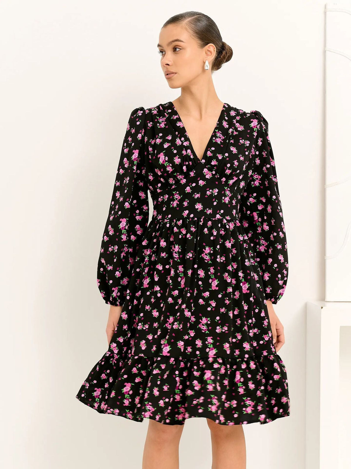 Printed Crimp V-neck Long Dress Women