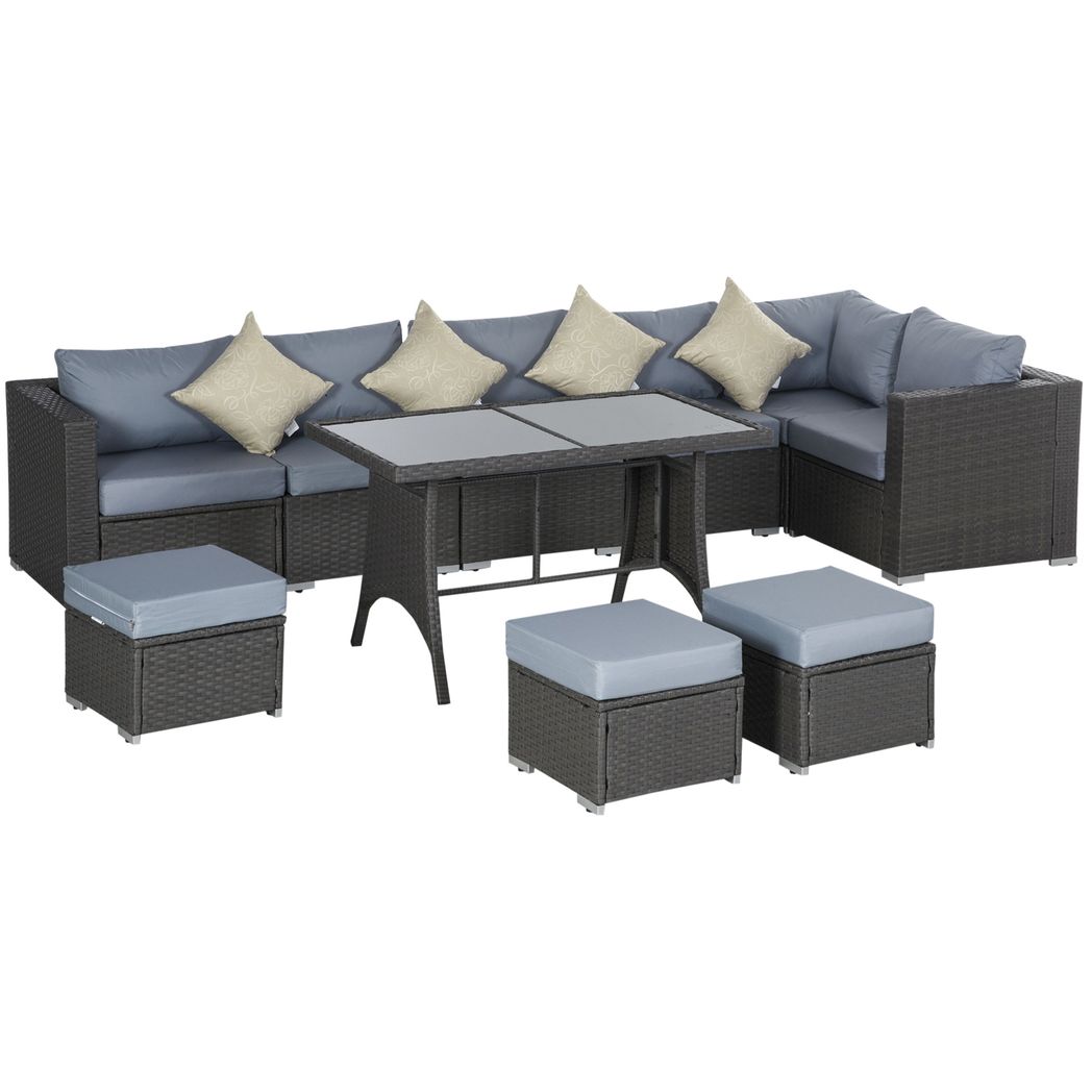Outsunny 10 Pcs Rattan Sofa Set-Grey/Dusty Blue Cushion Grey 120cm x 68cm x 73cm