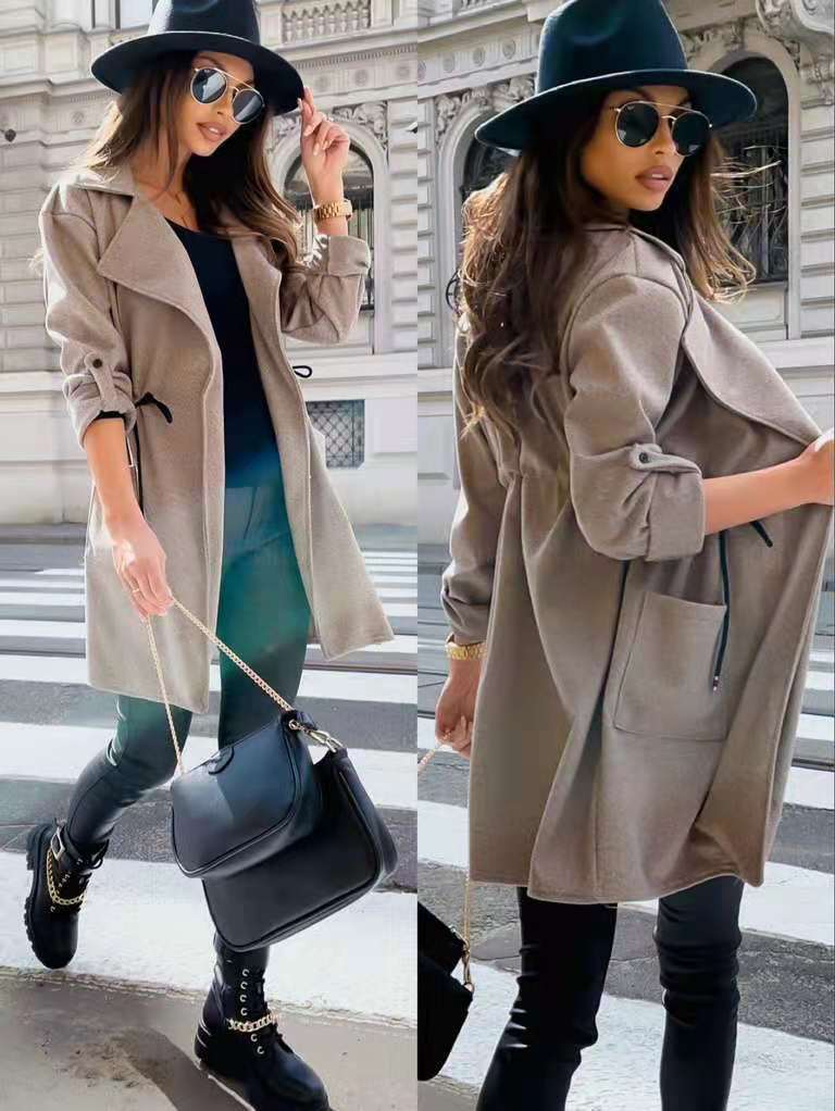 Fashion Suit Collar Drawstring Mid-length Trench Coat