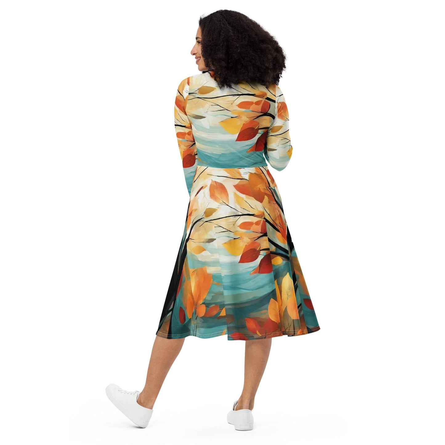 All-over print long sleeve midi dress