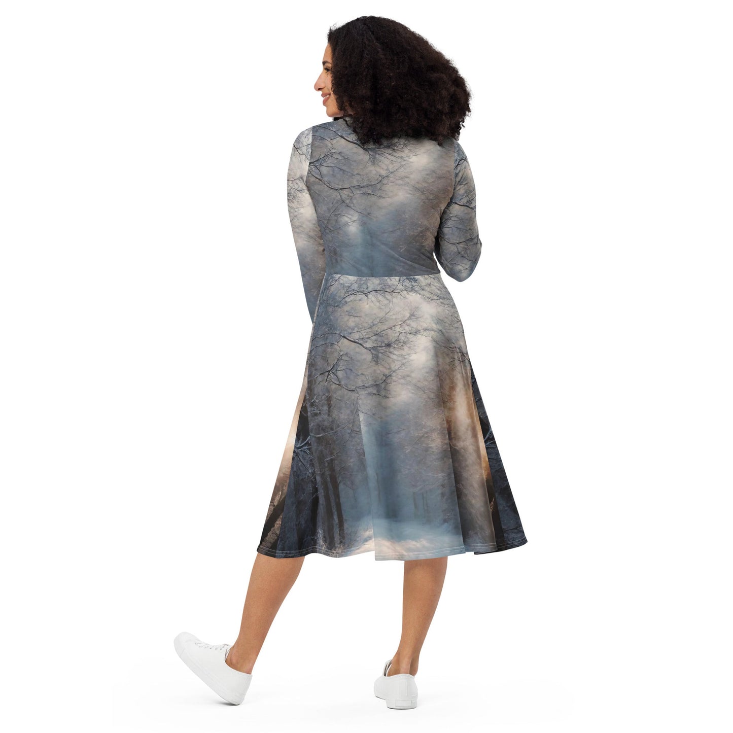All-over print long sleeve midi dress