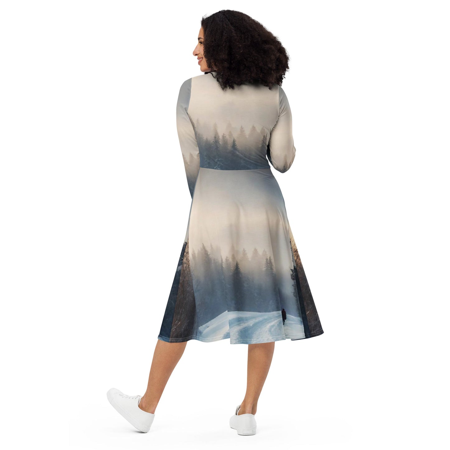 All-over print long sleeve midi dress