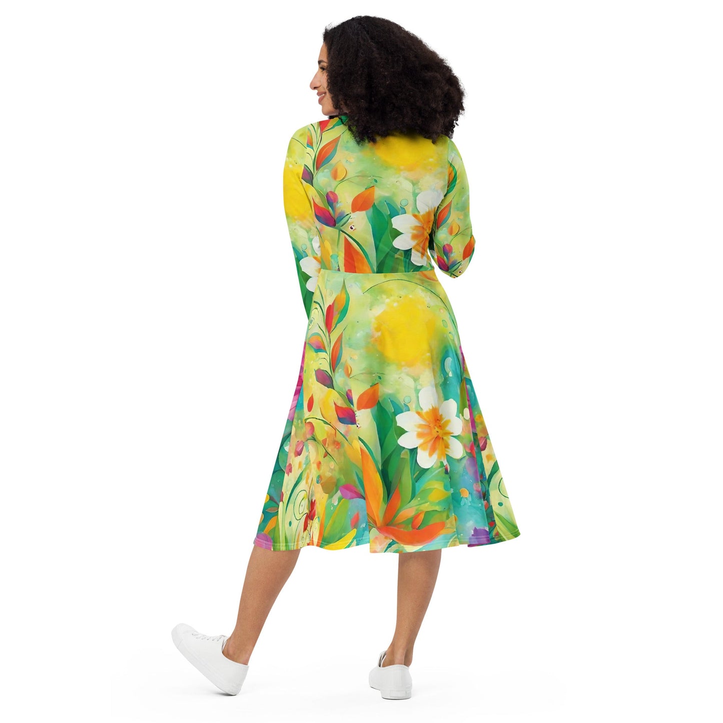 All-over print long sleeve midi dress